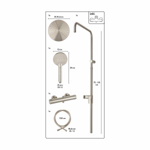 baliv Überkopfbrause-Set KBS-22.21 Edelstahloptik mit Thermostat, Handbrause und Brauseschlauch.