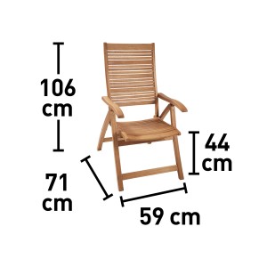 Klappsessel Chelsea aus Eukalyptusholz mit Maßen: Höhe 106cm, Sitzhöhe 44cm, Tiefe 71cm, Breite 59cm.