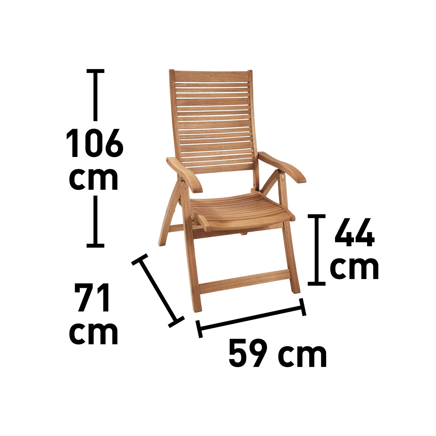 Klappsessel Chelsea aus Eukalyptusholz mit Maßen: Höhe 106cm, Sitzhöhe 44cm, Tiefe 71cm, Breite 59cm.