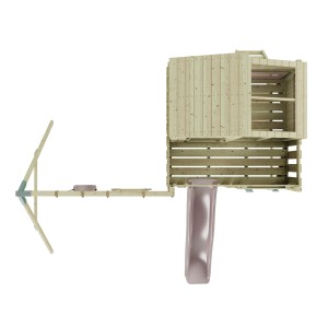 Holz-Spieltum mit Rutsche und altrosa Trapezstange von PolarPlay für den Garten.