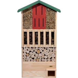 Großes, grünes Insektenhotel aus Holz mit Igelhaus. Nützlingshotel für Garten & Balkon.