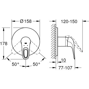 Technische Zeichnung: Grohe Eurostyle Einhand-Brausebatterie mit offenem Hebel in Chrom, Maße und Winkelangaben.