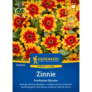 Kiepenkerl Zinnie Profusion Bicolor Saatgut mit gelb-roten Blüten.