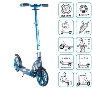 Blauer Six Degrees Aluminium Scooter, klappbar, mit Ständer, 205 mm Rollen, höhenverstellbares Sportgerät.