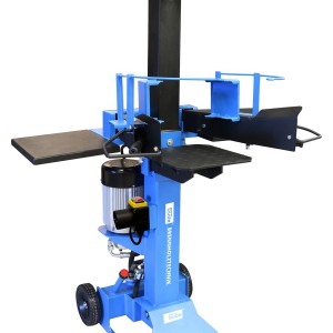 Güde Holzspalter GHS 500/6TE: Leistungsstarker, blauer Holzspalter mit Ablagetischen und Rädern.