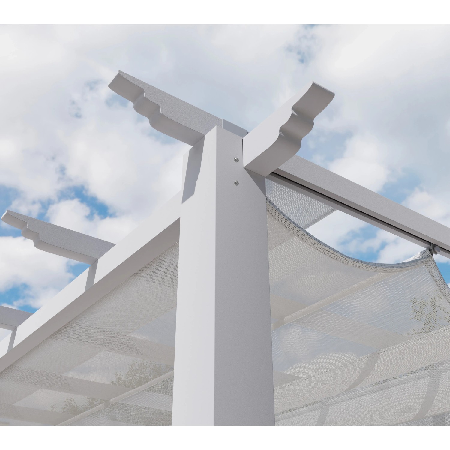 Detailansicht des weißen Pavillon Pergola Gazebo Florida mit Sonnensegel.