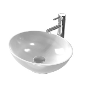 Emke ovales Keramik-Aufsatzwaschbecken in Weiß mit glänzendem Chrom-Wasserhahn. Modernes Handwaschbecken für Ihr Bad.