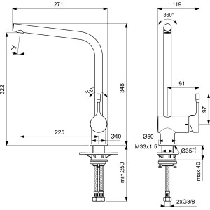Technische Zeichnung Ideal Standard Ceralook Küchenarmatur, hoher Auslauf, Chrom, mit Maßen.
