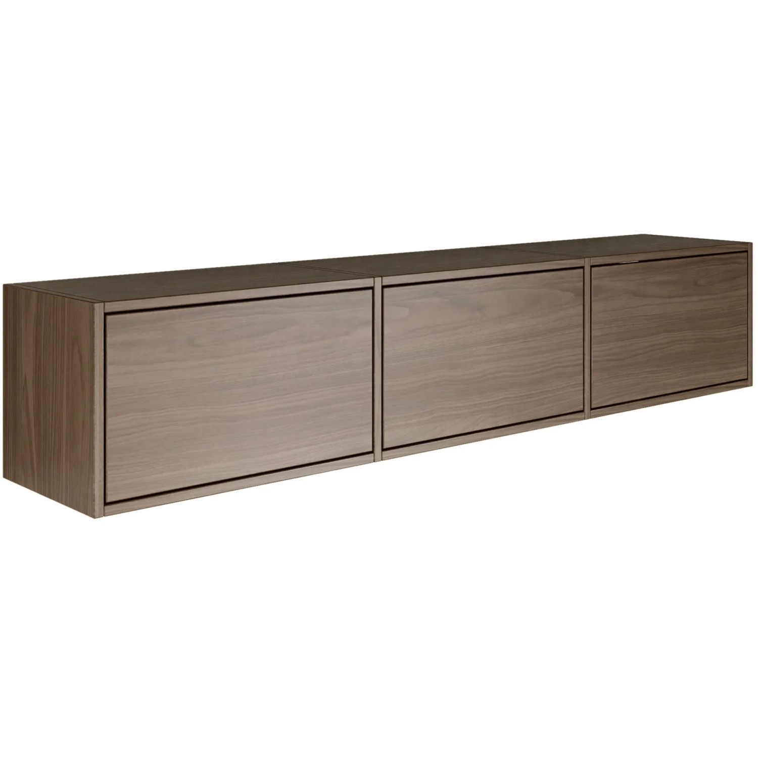 Selsey TV-Hängeboard Framme, 150 cm breit, in Walnuss-Holzoptik mit drei grifflosen Klappen, wandmontiert.