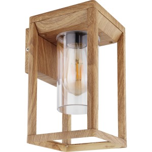 Moderne Globo Außenleuchte Candela mit Holzoptik und klarem Zylinder. Wandleuchte für den Außenbereich.