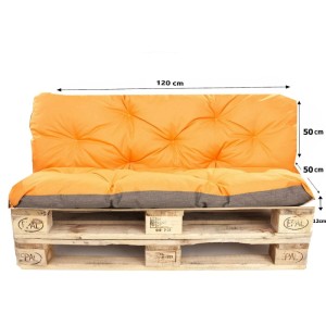 Orangefarbenes Palettenkissen-Set, bestehend aus Sitz- und Rückenkissen (120x50 cm), für Gartenmöbel.
