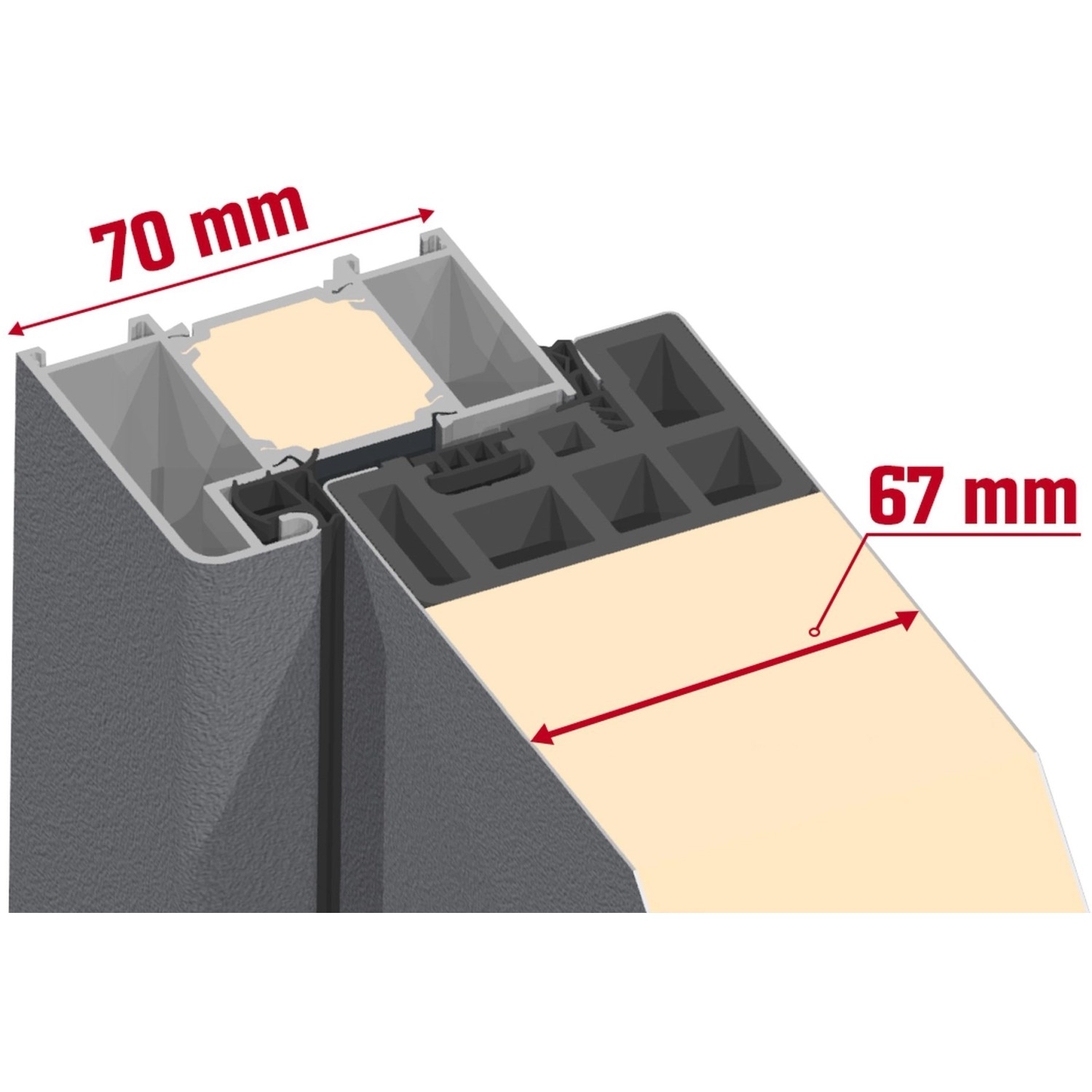 Detailaufnahme Sicherheits-Haustür ThermoSpace Prime Milano: Bautiefe 70 mm, Flügelstärke 67 mm.