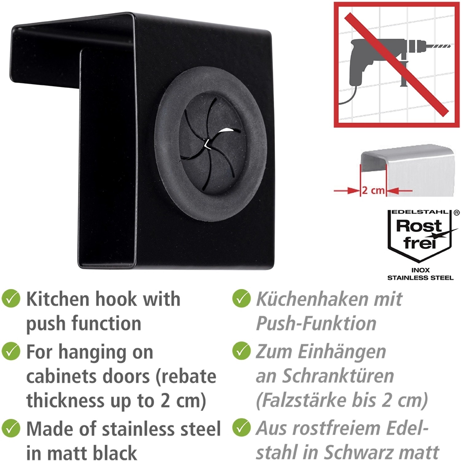 Wenko Haken Push, mattschwarz, aus Edelstahl. Küchenhaken zum Einhängen für Handtücher.