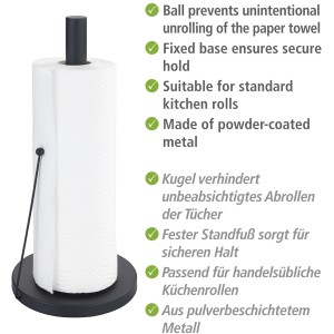 Schwarzer Wenko Küchenrollenhalter Clayton aus pulverbeschichtetem Metall mit Küchenrolle.