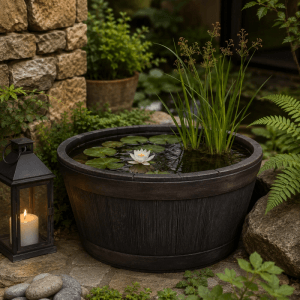 BigDean Weinfass XL Eichenfass Kunststoff Bottich Blumenkasten Trog Zuber Gartenteich Mini Teich Fass Nachbildung Durchmesser 63 cm Höhe 38 cm ca. 90
