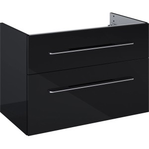 Waschbeckenunterschrank Madrid, 80 cm, Schwarz mit zwei Schubladen und Chromgriffen.