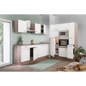 Respekta Küchenzeile KB360EYWMIGKE, 360 cm, Weiß Seidenglanz/Eiche York Nachbildung, mit E-Geräten.