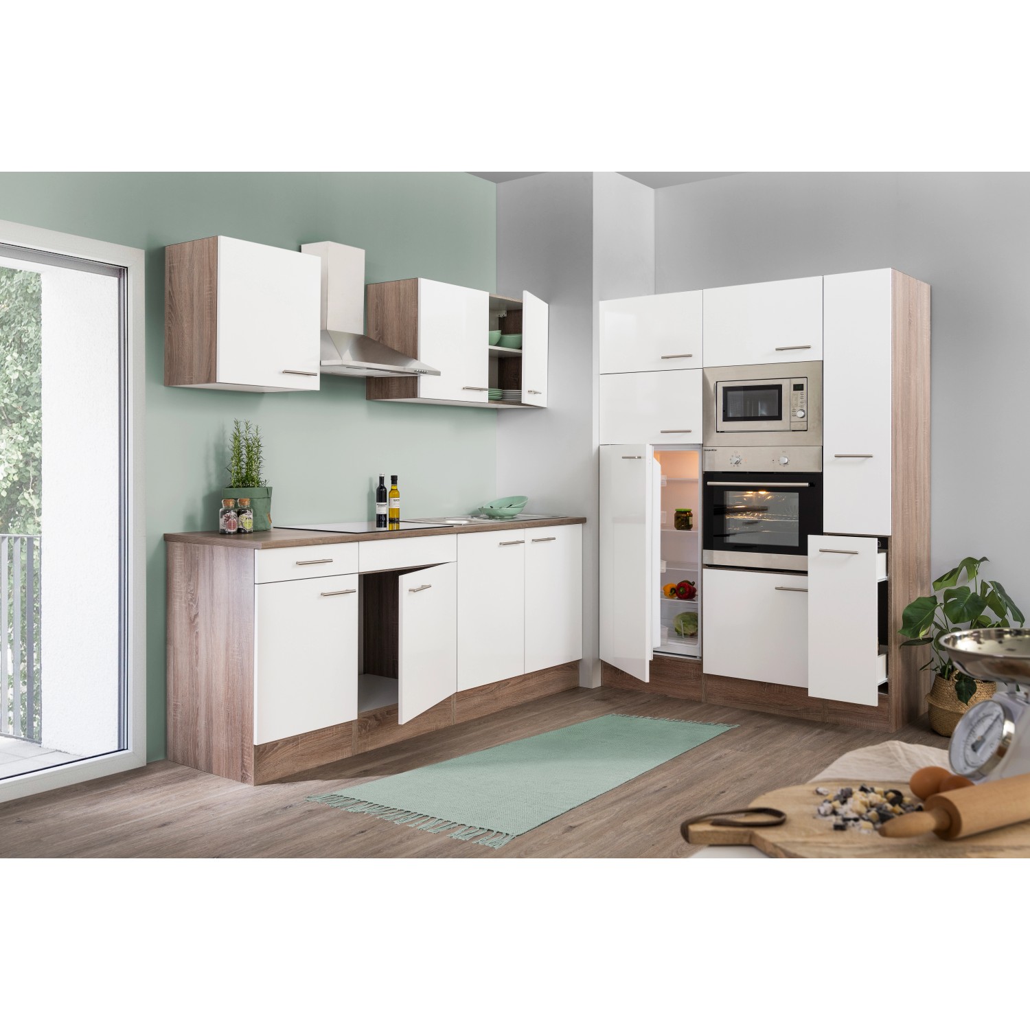 Respekta Küchenzeile KB360EYWMIGKE, 360 cm, Weiß Seidenglanz/Eiche York Nachbildung, mit E-Geräten.