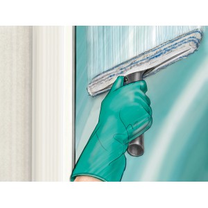 Illustration: Hand mit grünem Handschuh wischt mit Fensterwischer eine Scheibe. Ersatzbezug für Reinigungsgerät sichtbar.