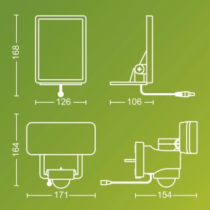 Technische Zeichnung der Philips Tylus Solar Wegeleuchte mit Maßangaben.