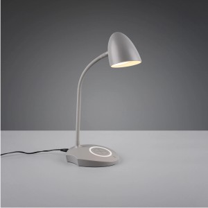 Graue LED-Touch-Tischlampe Load mit induktiver Ladestation für Schreibtisch oder Nachttisch.
