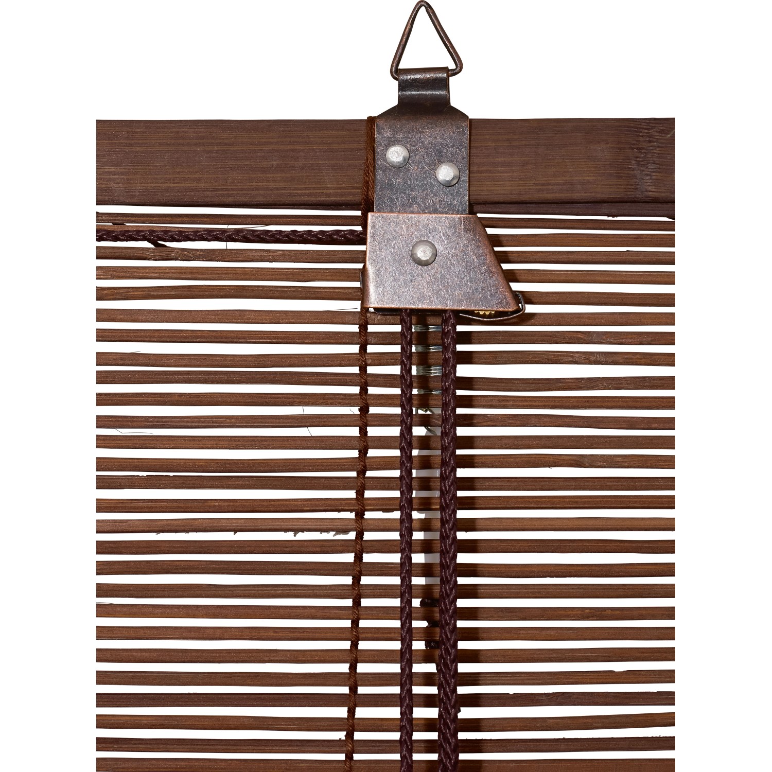 Detailansicht: OBI Bambus-Raffrollo Teak, 80x160 cm, mit Zugschnüren und Aufhängung.