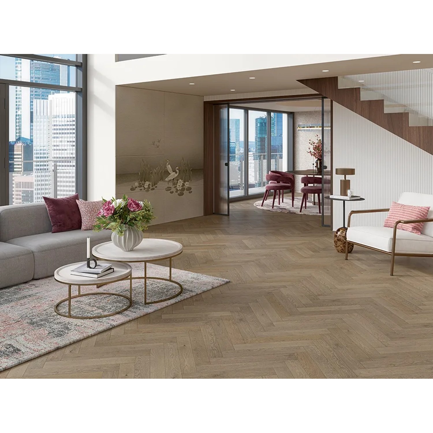 Verlegtes, graues Parador Parkett Trendtime 3 Living Plus Eiche Chalet in modernem Wohnraum.