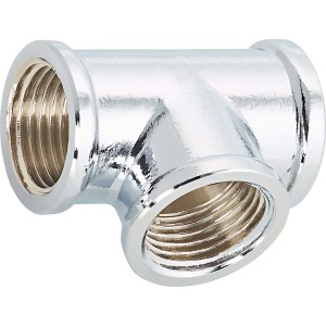 Verchromtes Gewinde-T-Stück aus Messing, 18,6 mm (Rp 1/2) für Heizungs- und Trinkwasserinstallation.