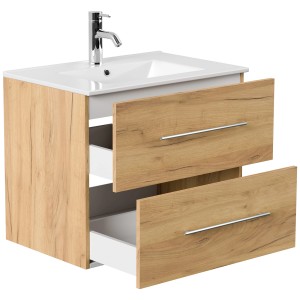 Posseik Badmöbel-Set Homeline 70 Eiche Gold mit Waschbecken und zwei Schubladen.