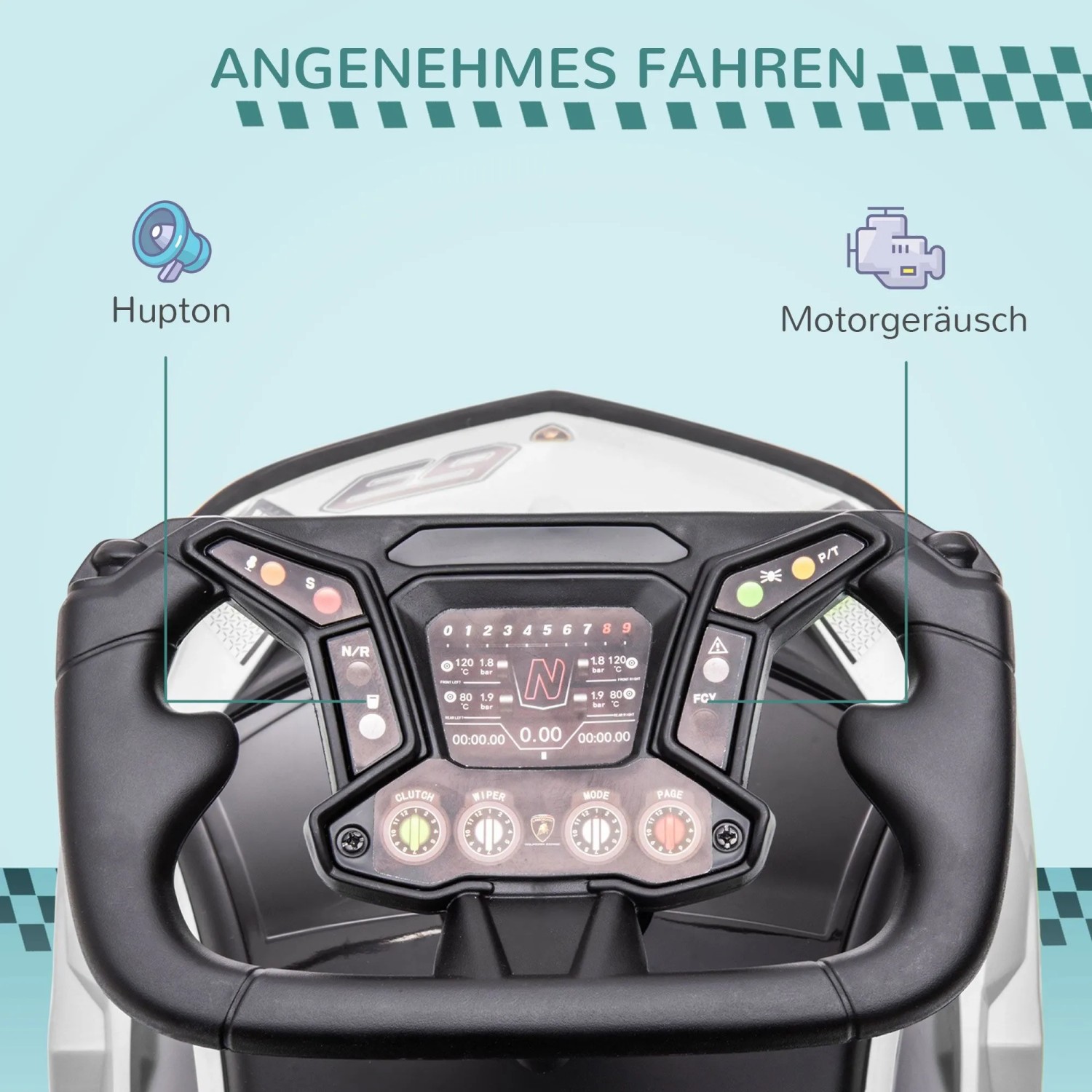 Detailansicht des Lenkrads vom AIYAPLAY Kinderfahrzeug. Schwarzes Armaturenbrett mit Display, Hupe und Motorgeräusch-Tasten.