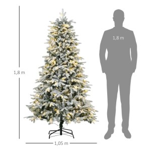 180 cm hoher künstlicher Weihnachtsbaum mit Kunstschnee und warmweißer Beleuchtung, daneben eine Person zur Größenansicht.