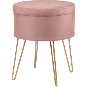Rosa Sitzhocker Blush Bordeaux mit goldenem Metallgestell, Ø 36 cm, Stauraum.