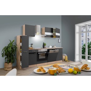 Respekta Küchenzeile KB250ESGC, 250 cm, Grau-Eiche Glänzend, mit E-Geräten.