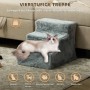 Graue PawHut Plüsch-Haustiertreppe mit drei Stufen, Katze liegt darauf. Ideal für Hunde & Katzen, bequem zum Sofa.