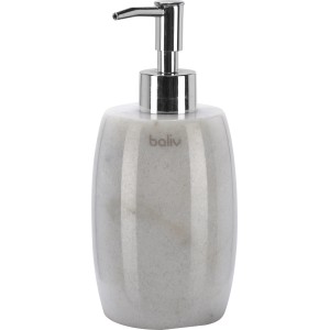 baliv Seifenspender in Marmor Optik, weiß-grau mit verchromtem Pumpkopf.