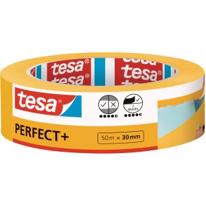 tesa® Malerband Perfect+ 50m x 30mm Rolle, gelbes Abdeckband für scharfe Farbkanten.