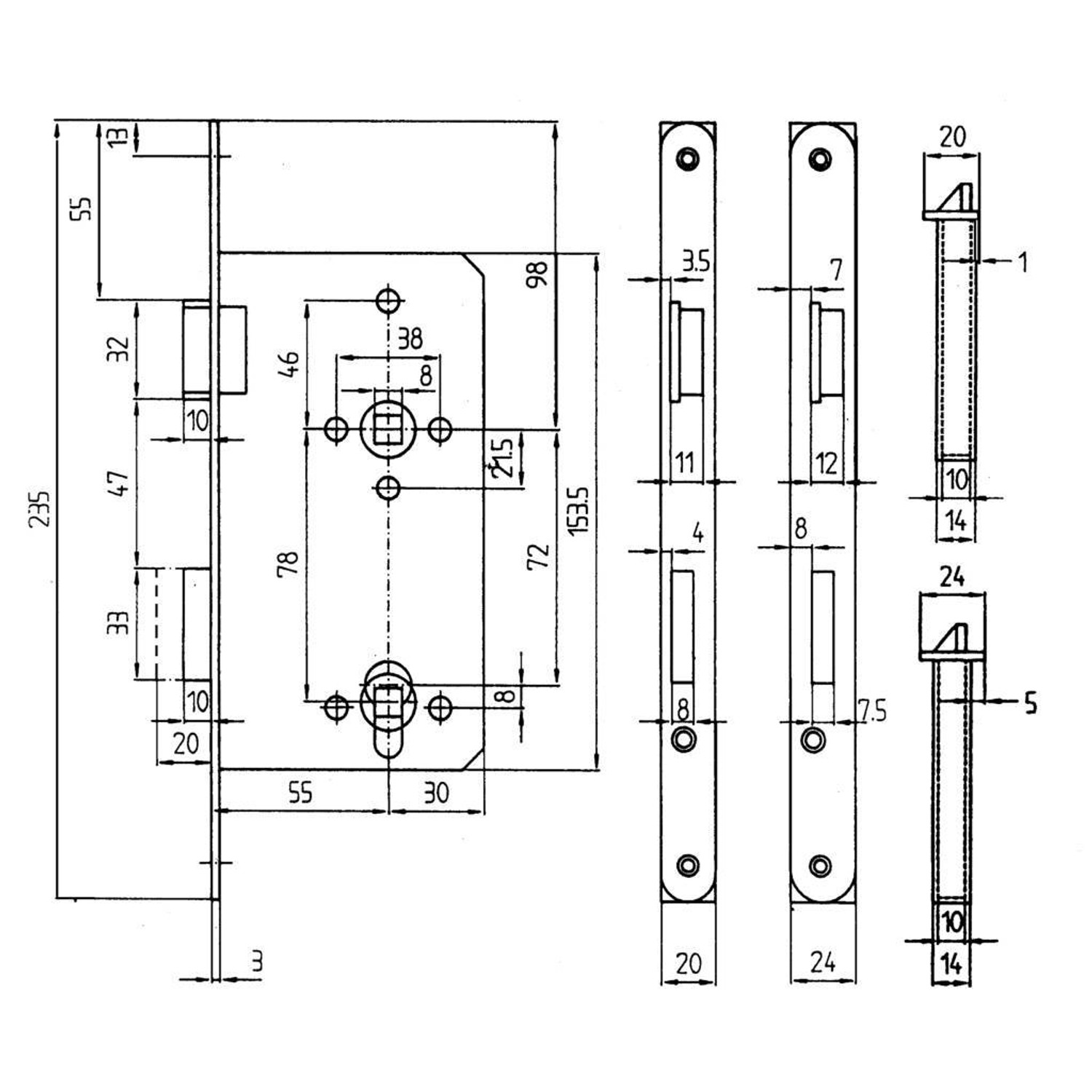Technische Zeichnung: Korridorschloss für Profilzylinder, gefälzt, DIN links, Edelstahl, mit Maßangaben.