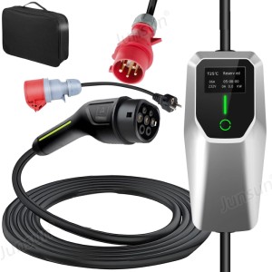 Junsun EV Ladegerät 11kW, 8m Kabel, Type 2 Stecker, CEE-Adapter, LCD-Display und Tasche für E-Autos.
