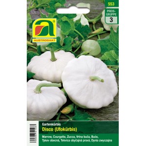 Austrosaat Kürbis Disco Saatgut: Weiße Ufo-Kürbisse auf der Samenpackung.