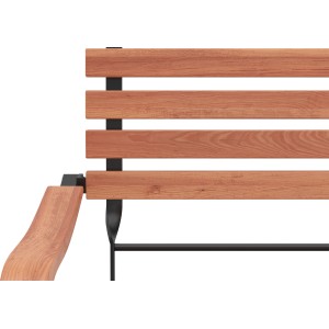 Detailansicht: Klappstuhl Montgomery mit Akazienholz und schwarzem Eisenrahmen.