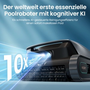 Aiper Poolreinigungsroboter Scuba V3, dunkelgrau, mit Kettenlaufwerk und blauem Lichtstrahl für KI-Reinigung.