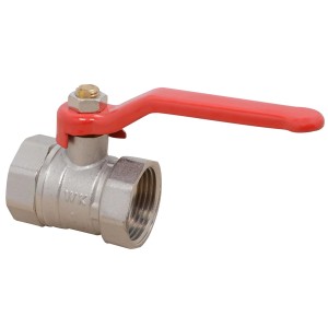 Kugelhahn aus Messing, 30,3 mm (1 IG) mit rotem Griff, vernickelt.