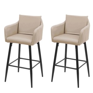 2er-Set Barhocker H93 in Taupe-Beige mit Kunstlederbezug und schwarzem Metallgestell.