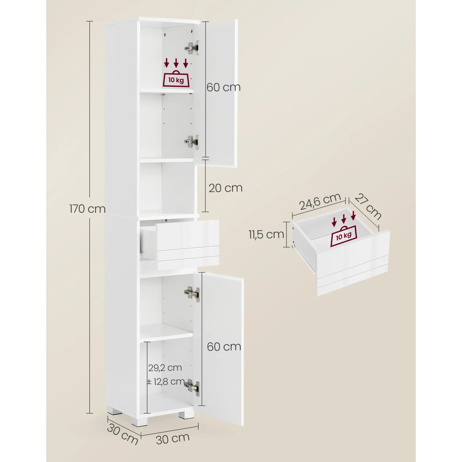 Weißer Vasagle Badezimmerschrank (30x30x170cm) mit Schublade und offenen Fächern.