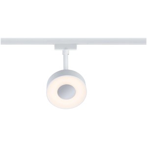 Weißer Paulmann Urail LED Schienenspot Circle mit warmweißem Licht an Schiene.