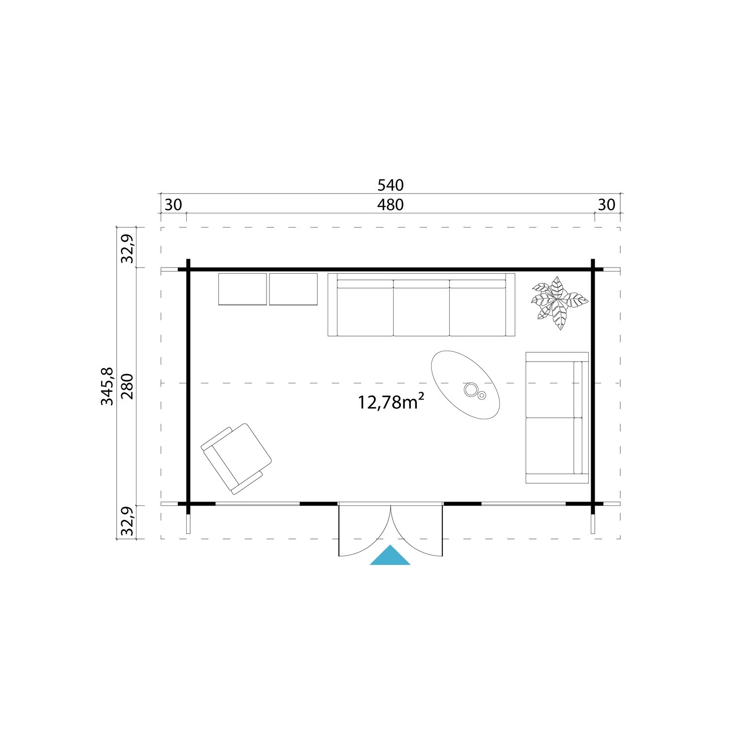 Grundriss des lichtgrauen Lasita Maja Gartenhaus Pembrokeshire 53 (480x280cm) mit Möbeln.