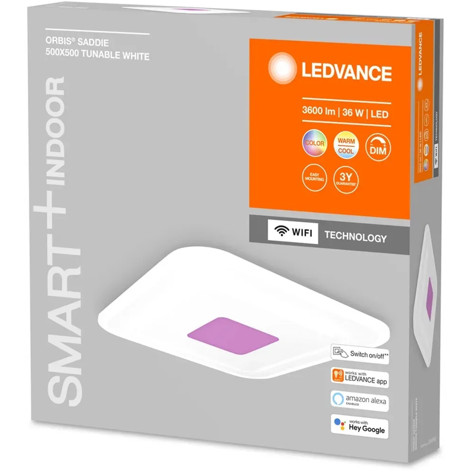 Verpackung der dimmbaren Ledvance Smart+ WiFi Deckenleuchte Orbis Saddie 50cm Tunable White.