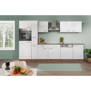 Moderne Respekta Küchenzeile KB310EYW in Weiß Seidenglanz und Eiche York Nachbildung.