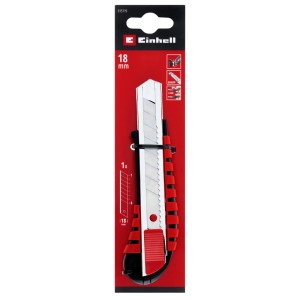 Einhell Abbrechklingenmesser 18 mm mit Metallgehäuse, rotem Schieber und segmentierter Klinge in roter Verpackung.