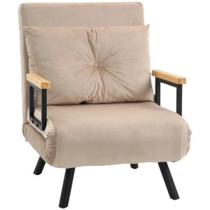 HOMCOM Schlafsofa Sessel in Beige mit Rückenkissen, schwarzen Metallbeinen und Holzarmlehnen. Verstellbar.